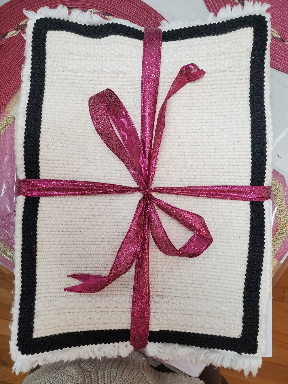 Cream and Black Trim Dining Placemats with Pink Ribbon Accent 6 Pieces